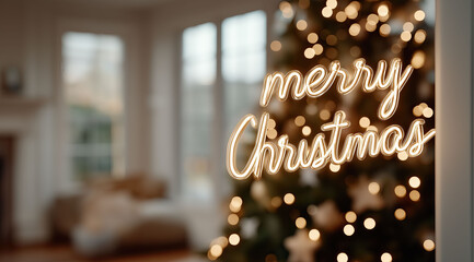 merry christmas written in gold lettering - Luminous script lettering glows warmly against softly blurred interior holiday background.