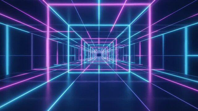 Seamlessly looping infinite neon geometric grid pattern moving dynamically across a deep blue background suitable for technology concepts minimalist, connectivity, blue