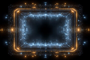 A glowing rectangular frame with blue and orange lights against a dark background in a futuristic style