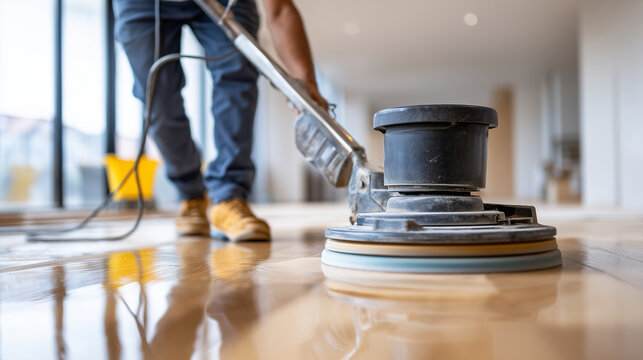 Polishing newly installed hardwood floor. A worker uses a floor buffer machine to add shine to new wooden flooring. The reflected light on smooth surfaces creates believable realis