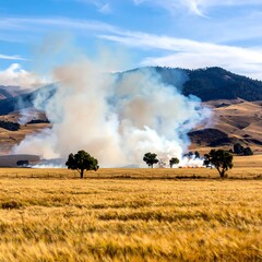 Fototapeta premium Wildfire Smoke Plumes over Golden Fields and Distant Hills.