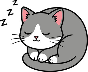 Cute sleeping cat illustration featuring an adorable gray kitten curled up and resting, perfect for pet designs, children’s art, and cozy themed projects.