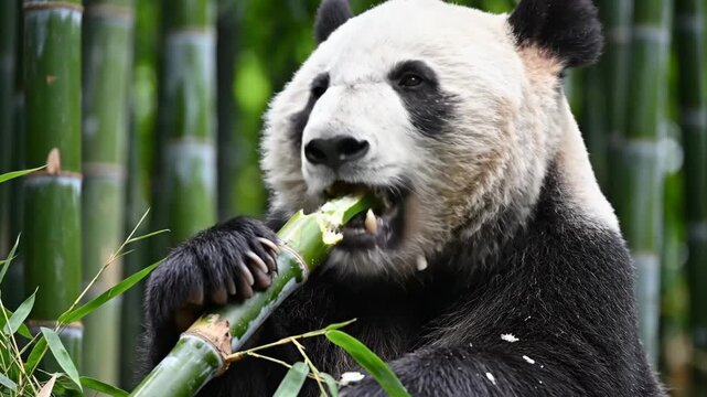 Giant Panda Eating Bamboo in a Lush Green Forest During Daytime