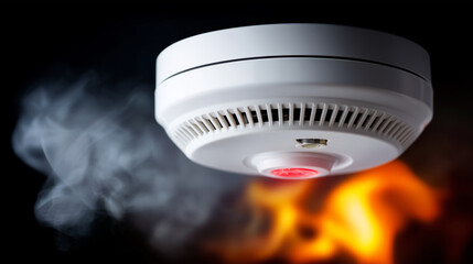 Fire alarm system, detector ceiling triggered, smoke flame activation, emergency warning response, safety alert display, home protection device, security equipment active, defocuse