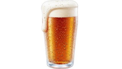 Beer Glass with Foam Overflowing on White Background