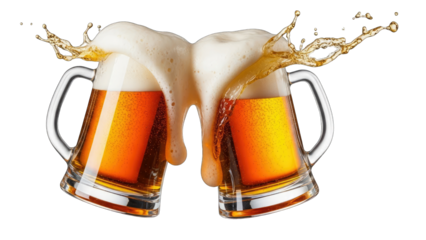 Beer Mugs Clinking with Splash on White Background