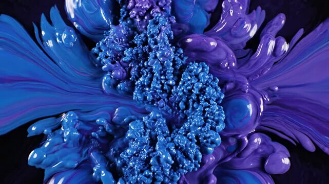 Seamlessly looping vibrant blue and purple liquid flowing and swirling against an undefined dark backdrop creating mesmerizing abstract textures technology, overlay, seamlessly looping