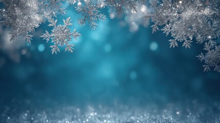 A festive blue background with snowflakes and glitter, featuring a silver star and a white snowflake, with a blue and white star in the middle, and a silver star on the left side.