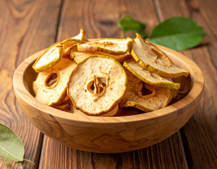 A bowl of dried pear slices. Isolated on a wooden background.
