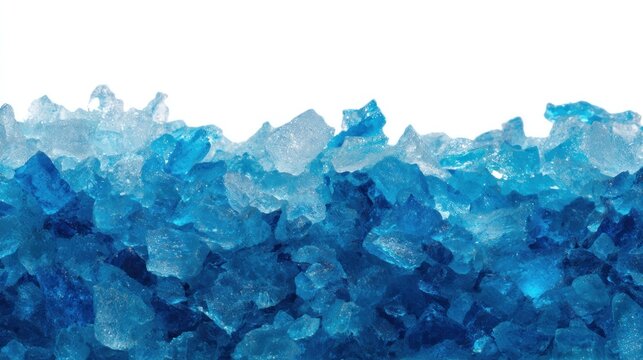 A blue and white crystal-like substance with a smooth, glossy surface, scattered across a white background with a subtle gradient effect.
