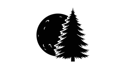 Silhouette of evergreen tree and lunar shape creating a stark contrast and visual impact