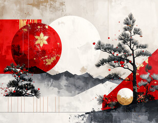 グランジ感のあるテクスチャに浮かぶ、日本の伝統色。松の盆栽と幾何学的な円が融合した、現代的な正月飾り。