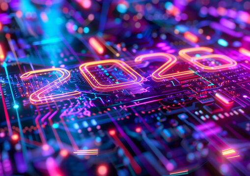 Futuristic New Year 2026 greeting card with neon circuits, holographic numbers, and glowing digital technology elements, perfect for a high-tech holiday celebration.