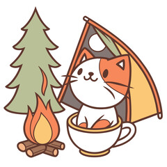 Vector illustration of a Silly American Shorthair with sitting in a teacup ride, styled in a Camping trip theme using Campfire Glow colors