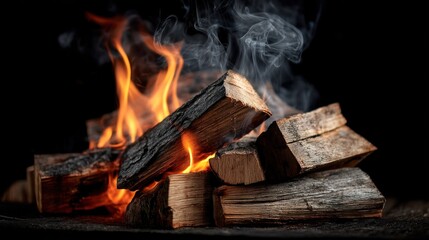 A close-up of a fire burning logs in a fireplace, with a black background and a warm, orange glow.