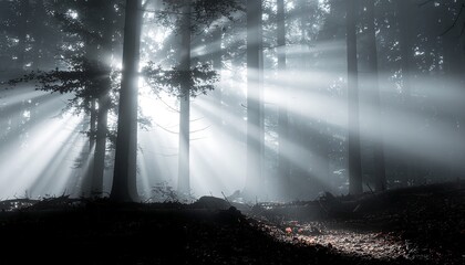 Fototapeta premium Enchanting forest landscape at dawn, where golden sunbeams illuminate the misty woods, creating a serene and captivating abstract play of light and shadow