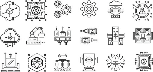 Blockchain and cloud technology line icons set. Digital network, data science, and futuristic infrastructure vector illustration collection