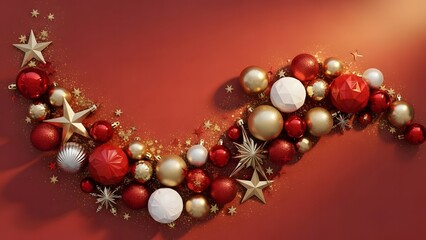 Festive Christmas decoration with red gold and white ornaments.