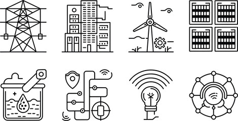 Green energy and smart city line icons set. Renewable power, solar panel, wind turbine, and eco technology vector illustration collection