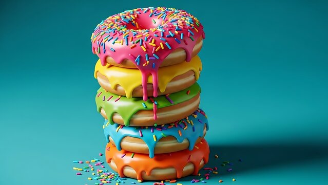 Stack of colorful iced donuts with sprinkles on blue background  - Powered by Adobe