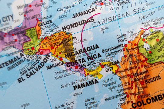 Warsaw, Poland - Dec 5, 2025: A detailed map of Central America showcasing countries including Guatemala, Honduras, Nicaragua, Costa Rica, and Panama, highlighting major cities and geographical featu