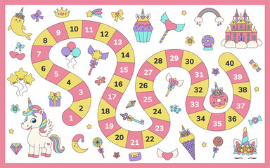 Step by step board game. Maze puzzle of fantasy board games for kids. Unicorn concept. Template of strategy boardgame for children.