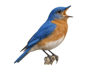 Obraz premium Eastern bluebird perched on branch with mouth open singing, calling, or chirping, transparent background