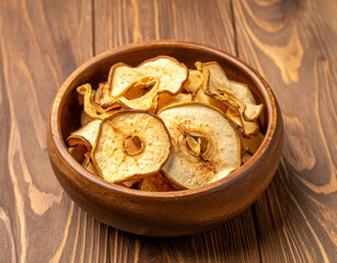 A bowl of dried pear slices. Isolated on a wooden background.