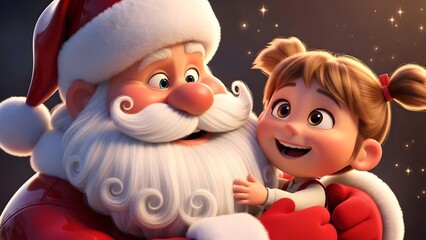 Santa Claus hugs a happy cute girl kid in Christmas new year funny 3d cartoon