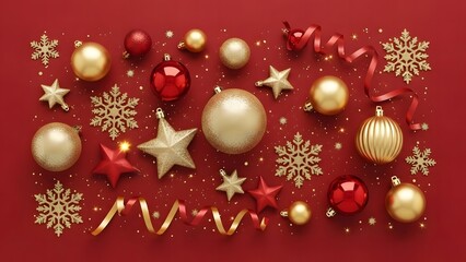 Fototapeta premium Festive Christmas Ornament Arrangement on Red Background.