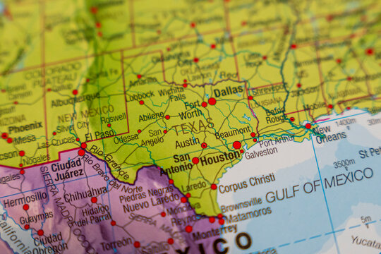 Warsaw, Poland - Dec 5, 2025: Close-up of a detailed map of Texas, highlighting major cities and landmarks, useful for travel planning and geographic education.