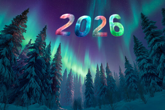 Happy New year 2026. Wide panoramic shot of mystical snowy forest under a starry night sky. Vibrant aurora borealis polar lights in hues of turquoise green and violet dancing above.
