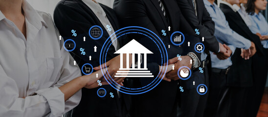 A diverse group of business professionals stands in line, showcasing collaboration and advancement in a modern workspace with digital finance icons surrounding them. Trope