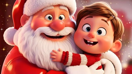 Santa Claus hugs a happy cute boy kid in Christmas new year funny 3d cartoon