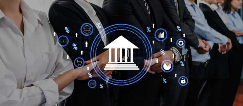 A diverse group of business professionals stands in line, showcasing collaboration and advancement in a modern workspace with digital finance icons surrounding them. Trope