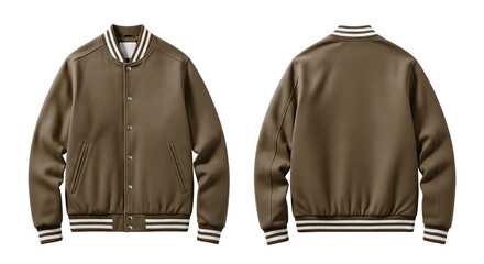 Dark Brown Varsity Bomber Jacket Mockup, Front and Back Views, Isolated on White Background