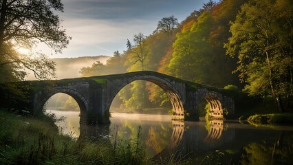 bridge over the river at sunset