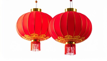 Obraz premium Two traditional Chinese red lanterns with gold accents and tassels hanging side by side on a white background.