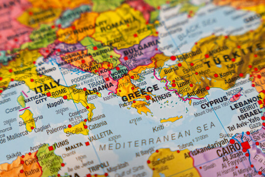 Warsaw, Poland - Dec 5, 2025: Detailed map of Greece showing major cities and landmarks, highlighting Mediterranean Sea, neighboring countries, and geographic features.