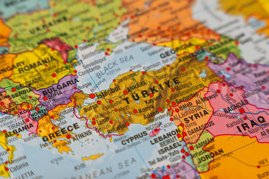 Warsaw, Poland - Dec 5, 2025: A close-up view of a colorful political map displaying Turkey and surrounding countries with distinct borderlines and major cities marked.