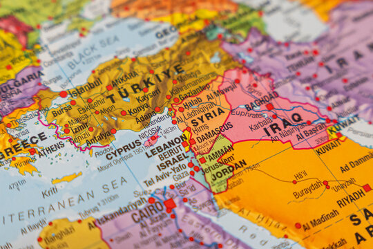 Warsaw, Poland - Dec 5, 2025: A detailed close-up of a map showcasing countries in the Middle East and surrounding areas, ideal for educational and travel purposes.