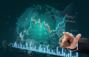 A businessman gestures over a financial graph that displays trends and data related to stock market growth, illustrating various economic indicators in a digital format. Scalp