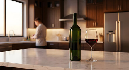 Wine bottle and glass on kitchen counter with person in background