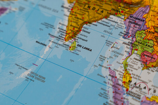 Warsaw, Poland - Dec 5, 2025: Detailed map of South Asia highlighting Sri Lanka, Maldives, and surrounding sea regions, showcasing geographical landmarks in vibrant colors.