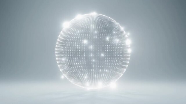 A glowing, ethereal sphere composed of countless tiny lights and particles, suspended in a minimalist, bright environment.
