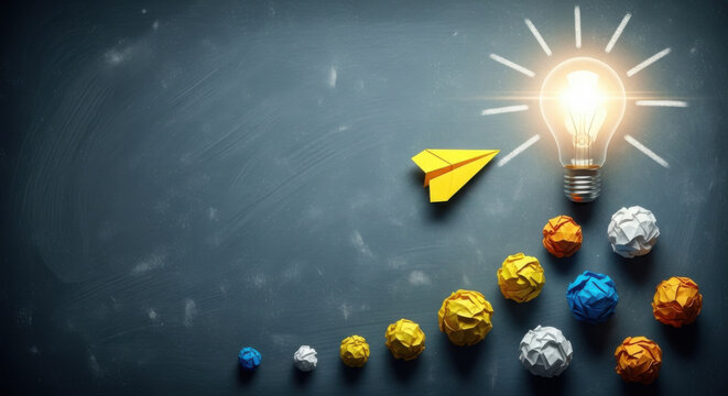 Image of a bright lightbulb radiating on a dark blue backdrop, accompanied by crumpled paper and a yellow origami airplane symbolizing a journey from idea to innovation. - Powered by Adobe