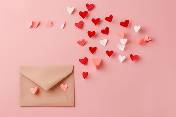 Valentine's day love letter with paper hearts on pink background