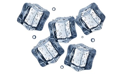 Fresh ice cubes floating with water droplets sparkle against a clean transparent backdrop