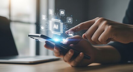 Person uses a mobile phone with AI icons floating above the screen showing technology