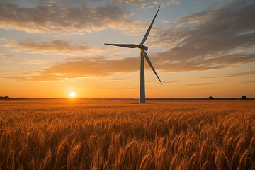 Obraz premium Wind turbine in golden wheat field during vibrant sunset